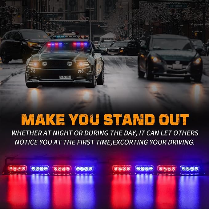 XRIDONSEN Emergency Strobe Dash Police Lights Safety Flashing Warning Hazard Interior Front/Rear Windshield Deck Split Light Bar w/Suction Cups for Vehicles Trucks (2x14 inch, Red Blue)