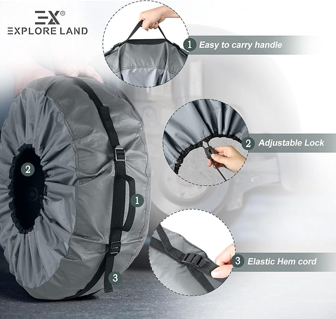 Explore Land Tire Cover with Handle - Seasonal Spare Tire Bag, Heavy Duty Winter Wheel Storage Tote Against Dust and Scratches, 4 Pack (Fits Diameters 23''-25.75'', Charcoal)
