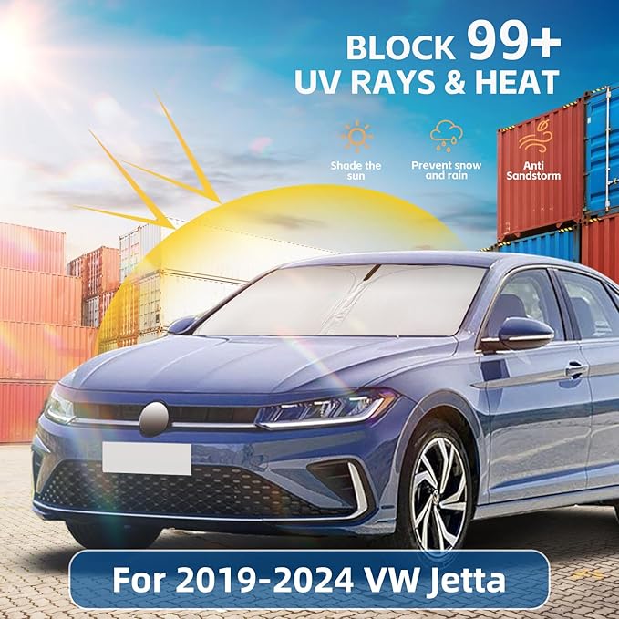 Windshield Sun Shade for VW Jetta 2019-2025 Double Layer 240T Front Window Shade Custom Fit Jetta Sun Visor Foldable Shade Blocks UV Rays Summer Must Have Car Accessories