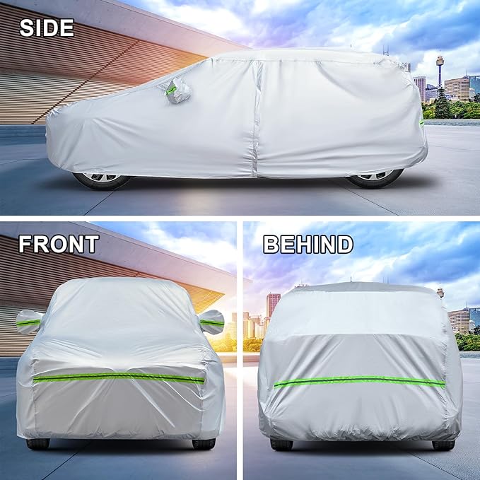 Full Car Cover Universal 6 Layers Outdoor Thicked All Weather Cover, Sunshield, Waterproof, Snow Proof, UV Proof, Scratch Proof, Bird Droppings, 6 Reflective Strips, Fits Sedans up 188"-198"