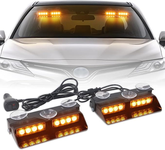 XRIDONSEN Amber 2 in 1 Emergency Dash Strobe Lights Interior Windshield Lights Hazard Warning Safety Flashing w/Suction Cups for Construction Trucks, Vehicles Car (2×7.16 inch, 16 LED)