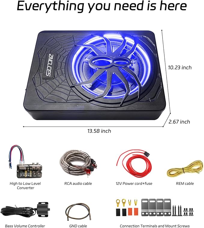 2025 Upgraded 10" 1200W Slim Under Seat Powered Car Subwoofer with Colorful LED Ambient Lights, Car/Truck Audio Sub Built in Amplifier Outstanding Heat Dissipation, Powerful Bass for Passion Driving