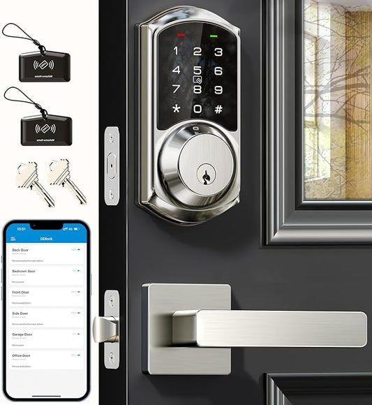 Veise VE06-L Smart Locks with 2 Lever Handle Set, App Control, Keyless Entry Deadbolt for Front Door, Electronic Digital Touchscreen Keypad, Auto Lock, Waterproof, Easy Installation, Satin Nickel