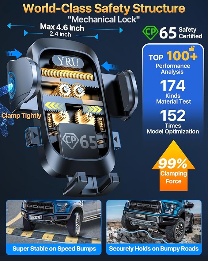 YRU [True Upgrade for Safety] Car Phone Holder Mount [Patent & Military-Grade] Dashboard Cell Phone Holder for Car Vent Windshield Phone Stand for iPhone 17 16 15 14 13 Pro Max Truck Samsung, Black