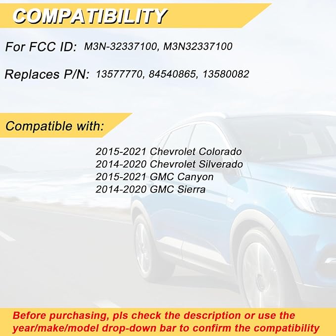 Key Fob Replacement for 2014-2020 Chevy Silverado 1500 2500 3500/15-21 Colorado/ 2015-2021 GMC Canyon/ 14-20 Sierra Car Keyless Entry Remote Control, M3N-32337100, 4 btn