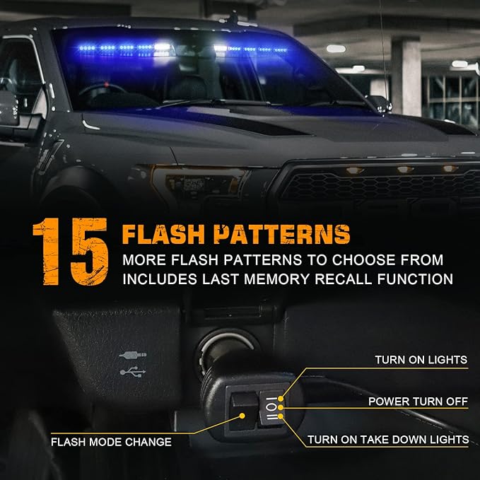 XRIDONSEN Blue Emergency Visor Lights Bar Interior Windshield Strobe Lights 40 LED Warning Safety Flashing w/White Take Down Deck Split Mount for firefighter Police Vehicles Trucks (2x17 inch)
