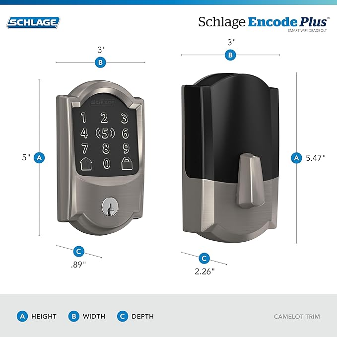 Schlage BE499WB CAM 619 Encode Plus WiFi Deadbolt Smart Lock, Keyless Entry Touchscreen Door Lock with Camelot Trim, Satin Nickel