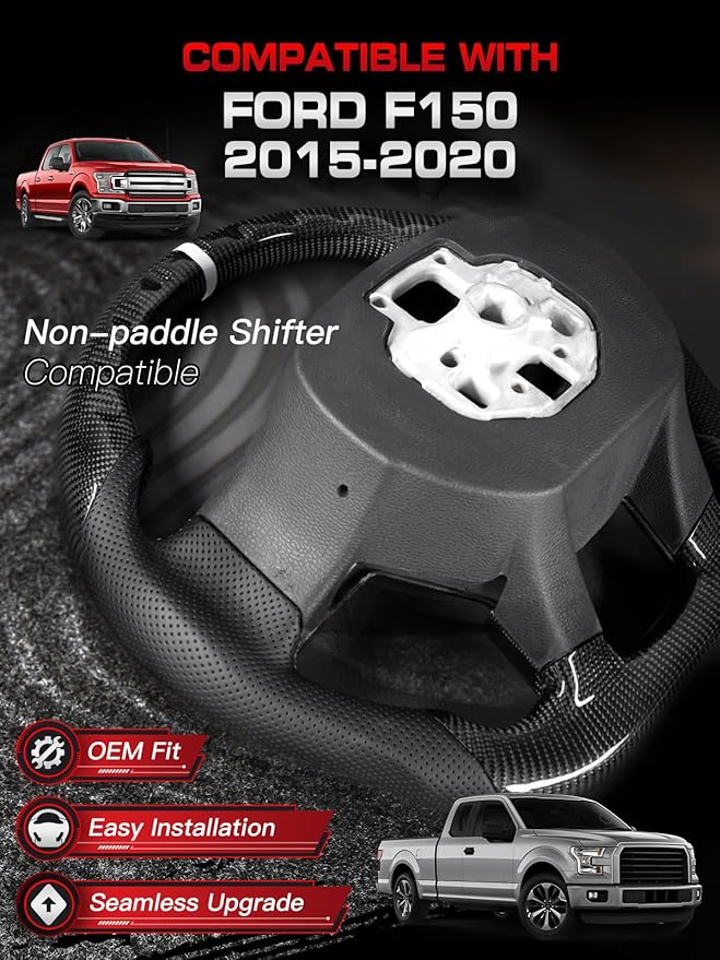 Carbon Fiber Steering Wheel for F150 2015-2020 with Accent Trim Piece White Stripe&Stitching Black Nappa Leather D-shaped Flat-bottom Steering Wheel for F150 without Paddle Shifter Models