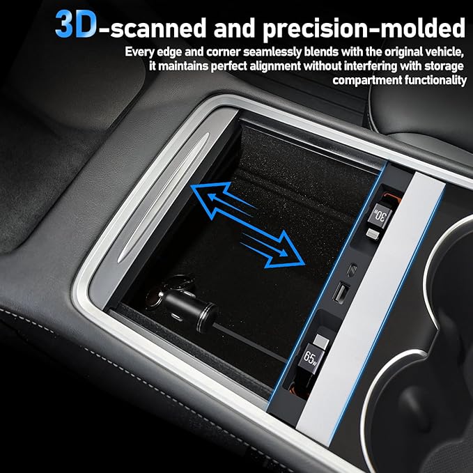 65W USB Charger Hub for Tesla Model Y Juniper 2025,2026 Accessories- 4-Port Fast Charging Hub with Sliding Cover, Retractable Phone Charger Hub, Docking Station for Tesla Model 3 Highland 2024-2026