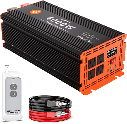 4000 Watt Power Inverter 12V DC to 110V/120V AC Converter Peak Power 8000W Car Inverter with LCD Display 2 AC Outlets USB Port Cables Included for RV,Truck,Off-Grid Solar System Remote Controller