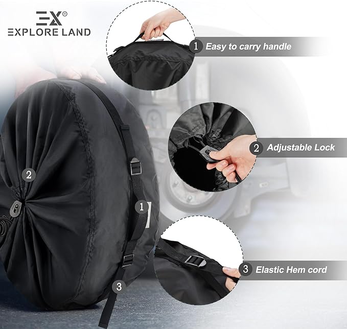 Explore Land Seasonal Tire Cover - Spare Tire Bag with Handle, Heavy Duty Winter Wheel Storage Tote Against Dust and Scratches, 4 Pack (Fits Diameters 23''-25.75'', Black)