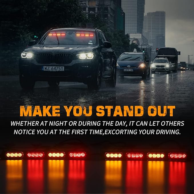 XRIDONSEN Amber Red Emergency Dash Strobe Lights Safety Flashing Warning Hazard Interior Front/Rear Windshield Deck Split Light Bar w/Digital Display Controller for Construction Vehicles Trucks