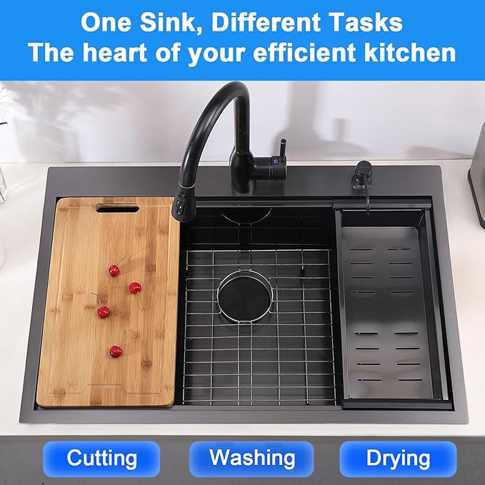 33x22 Drop In Kitchen Sink Black, 33 Inch Gunmetal Black Workstation Stainless Steel 16 Gauge Topmount Single Bowl 9 Deep Sink With Integrated Accessories & Features