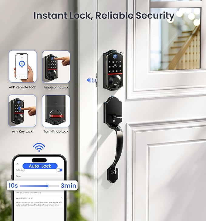 Veise VE017G-H Wi-Fi Smart Fingerprint Front Door Lock Set, Remote App Control, Keyless Entry Deadbolt with Handle, Backlit Keypad, IP55 Weatherproof, Auto Lock, Easy to Install, Matte Black