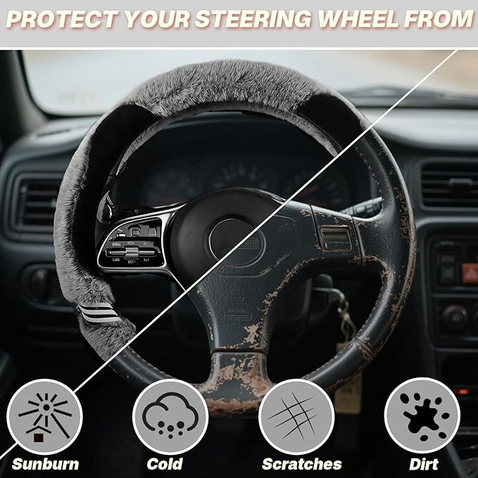 Universual Fluffy Fur Soft Fuzzy Steering Wheel Cover Leather Women Men Pink Sporty Cute 14 inch Car Accessories Non-Slip Decoration