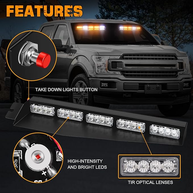 XRIDONSEN 34 inch Emergency Strobe Visor Lights 40 LED Amber White Warning Flashing Hazard Safety Lights Interior Front Windshield Light Bar Deck Split w/Take Down for Trucks Construction Vehicles