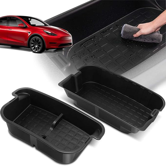 YHTAUTO Rear Trunk Organizer Compatible with Tesla Model Y 2020-2024 (For 5-Seater Only) Accessories, Waterproof Trunk Storage Bins Organizer Upper & Lower Dual Layer Rear Trunk Storage Box - Black