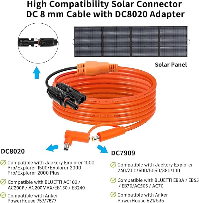 Solar Connector to DC 8mm Adapter Cable 20FT, 12AWG + 14AWG Tinned Copper Wire with DC7909 to DC8020 Adapter, Heavy Duty Charging Cable for Portable Power Station, RV, Outdoor Camping