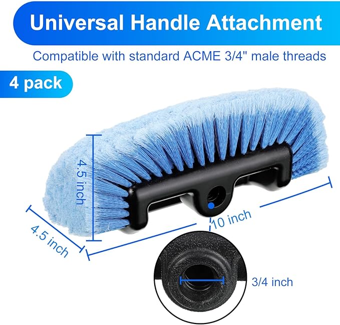 Vesici Car Wash Brush Head with Soft Detailing Bristle Flow Thru Car Cleaning Brush Exterior Car Wash Equipment for Auto Truck RV Boat Camper Washing, 10 Inch(Blue,4 Pcs)