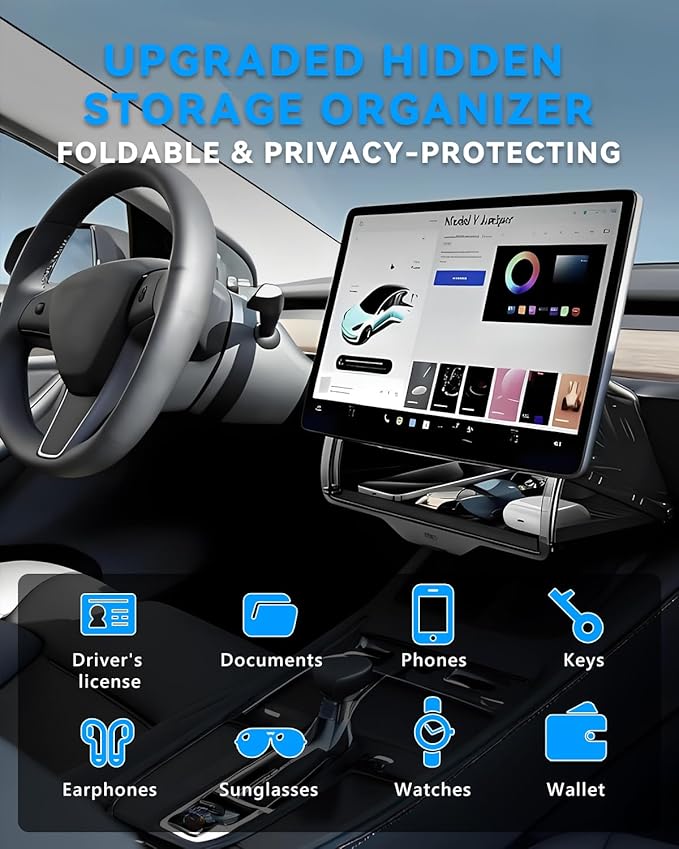 Under Screen Storage Box for Tesla Model Y Juniper 2025 2026, Center Console Organizer Tray Accessories for Model 3 Highland 2024+, Hidden Design (Not for Model Y 2020-2024/Model 3 2017-2023)