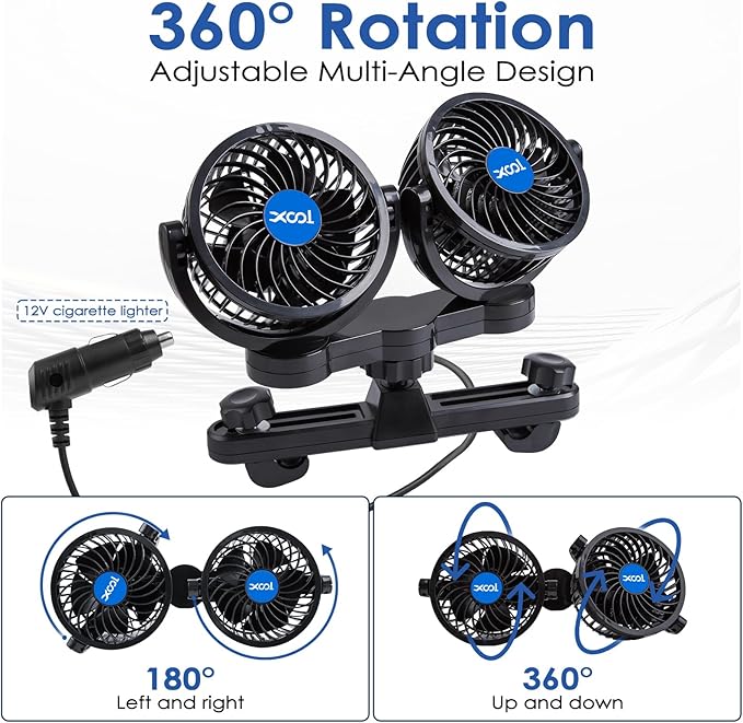XOOL Electric Car Fans for Rear Seat Passenger Portable Fans Headrest 360 Degree Rotatable Backseat Car Fan 12V Cooling Air Fan with Stepless Speed Regulation for Vehicles, SUV, RV