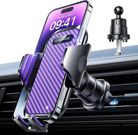 VANMASS Car Phone Holder Mount 2025 Upgraded [Patent Steel-Hook] Car Vent Phone Mount Clip Military-Grade Shockproof Cell Phone Car Mount Handsfree Truck Stand Vent Cradle for iPhone 16 Android,Purple