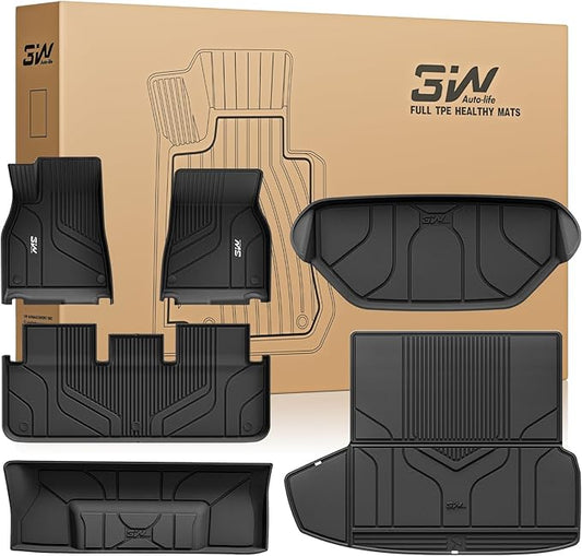 3W Floor Mats & Cargo Liner Fit for Tesla Model S 2021-2025 2026 All Weather TPE Custom Fit Floor Liners for 1-3 Rows and Trunk Full Set Car Mats Black