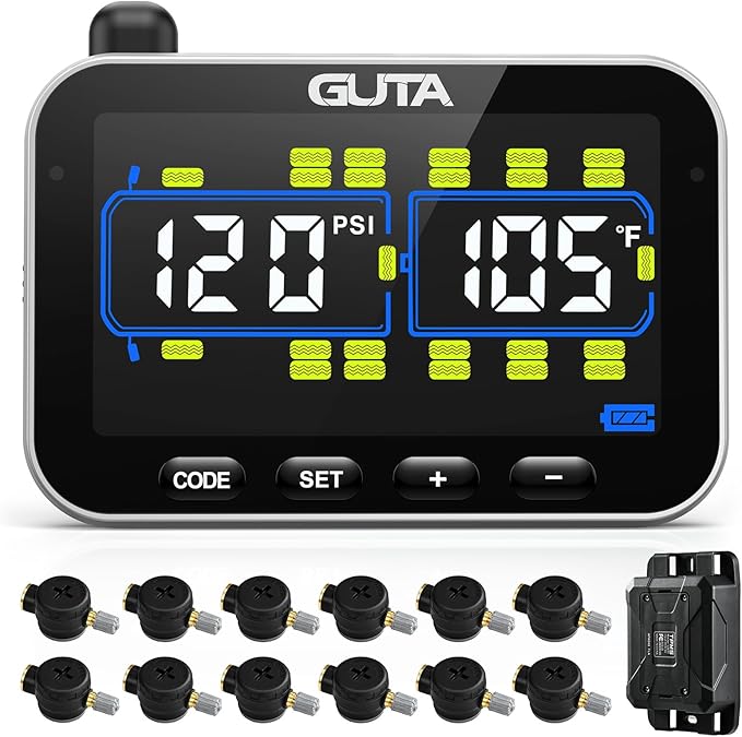 GUTA Tire Pressure Monitoring System, RV Trailer TPMS with 12 Flow Thru Sensors & Color LCD Display, 6 Alert Modes, Signal Booster, Long-Distance Sensing, for Trailer, Trucks, Motor Home (0-188 PSI)