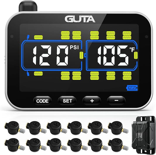 GUTA Tire Pressure Monitoring System, RV Trailer TPMS with 12 Flow Thru Sensors & Color LCD Display, 6 Alert Modes, Signal Booster, Long-Distance Sensing, for Trailer, Trucks, Motor Home (0-188 PSI)