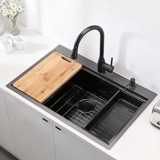 33x22 Drop In Kitchen Sink Black, 33 Inch Gunmetal Black Workstation Stainless Steel 16 Gauge Topmount Single Bowl 9 Deep Sink With Integrated Accessories & Features