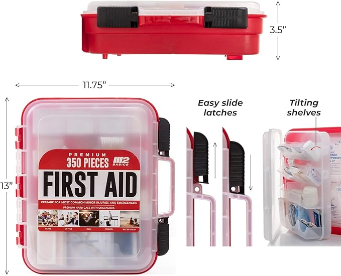 M2 BASICS Professional 350-Piece First Aid Kit – First Aid Kit for Car, Home, Office, Business & Vehicles – Organized Dual-Layer Wall-Mountable Hard Case, Emergency Medical, OSHA Workplace Safety