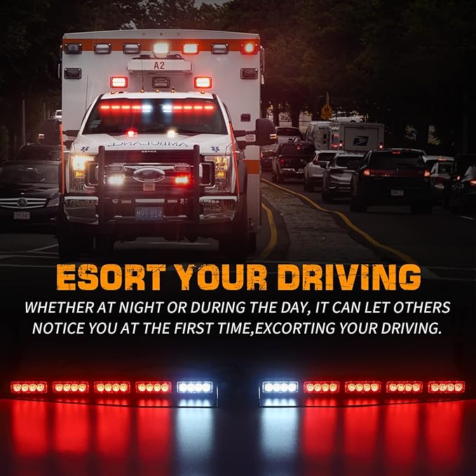 XRIDONSEN Red Emergency Visor Lights Bar Interior Windshield Strobe Lights 40 LED Warning Safety Flashing w/White Take Down Deck Split Mount for firefighter Police Vehicles Trucks (2x17 inch)