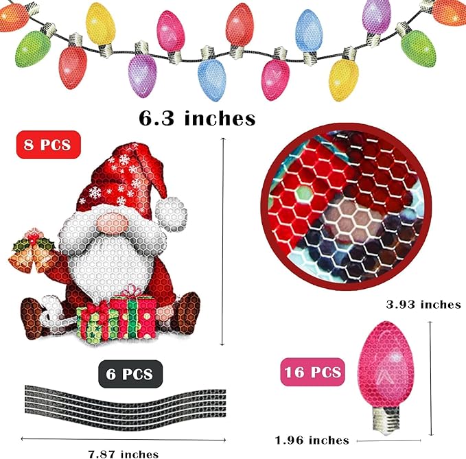 BORAMDO Christmas Reflective Car Magnets Set 30Pcs, Christmas Gnome with Bulb Light and Wire Car Decoration, Refrigerator Garage Door Decorations, Holiday Magnetic Xmas Gnomes Decor