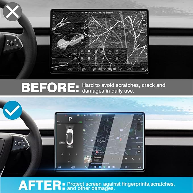 [Upgrade] 2 Pack Tesla New Model Y Juniper 2025~2026 / 2024~2025 2026 Model 3 Highland Screen Protector [No Glare & Fingerprint] 15.4-Inch Front & 8-Inch Rear Touchscreen Tempered Glass Protector Accessories