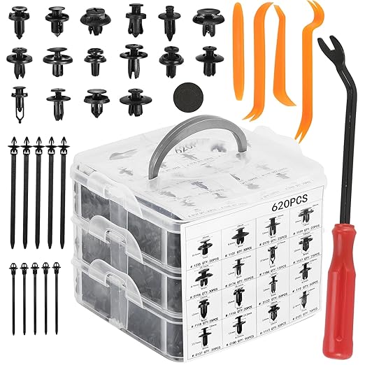 620Pcs Car Retainer Clips & Fasteners Kit – 16 Universal Sizes Nylon Bumper, Fender Rivets, Door Panel Clips, and Plastic Rivets with 10 Cable Ties and Removal Tool for Toyota, Ford, Benz (620pcs)
