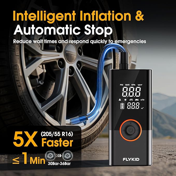 FLYKID Tire Inflator Portable Air Compressor - 150PSI Digital Air Pump for Car Tires, Fast Inflation for SUV/Motorcycle/Bicycle, LED Light, Rechargeable Battery - Roadside Emergency (Large)