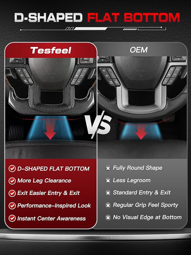 Steering Wheel for F150 Raptor 2017-2020 Real Carbon Fiber with Decorative Trim Piece with Heated Orange Stripe&Stitching Black Nappa Leather D-shaped for Raptor with Paddle Shifters Models