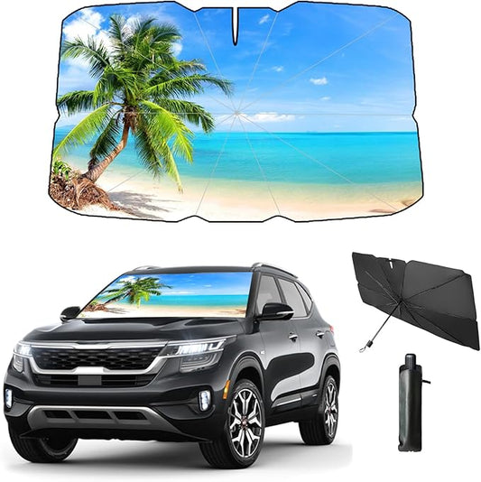 Windshield Sun Shade Beach Sunset Palm Tree Car Shades for Front Windows Umbrella 100% Blackout Sunshades Car Accessories for Women (Palm Tree)