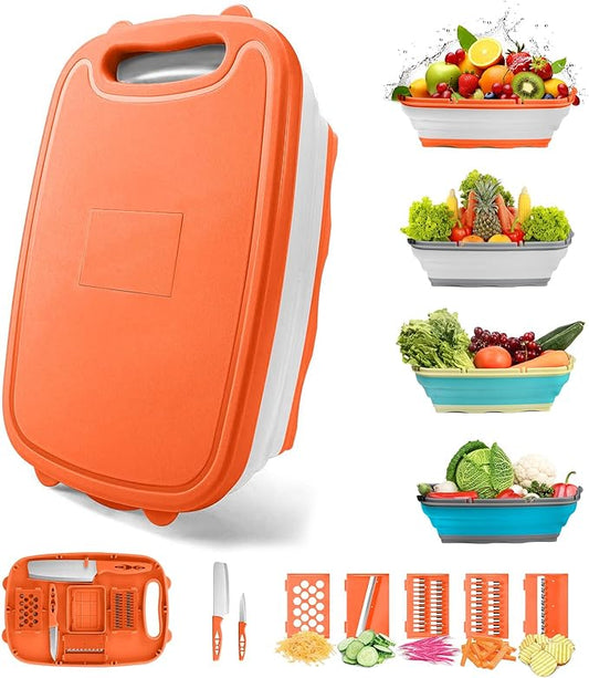Gintan Camping Cutting Board, 9-in-1 Collapsible Chopping Board with Colander, Kitchen Vegetable Washing Basket for Camping, Camping Gifts Camping Accessories for RV Campers (orange)