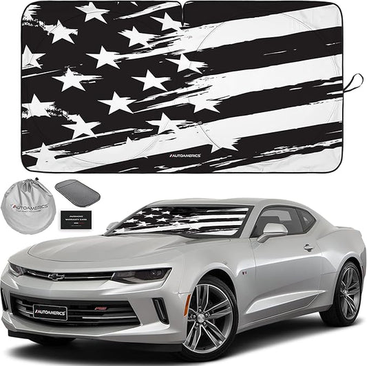 Autoamerics 1-Piece Windshield Sun Shade B&W Art American Flag USA Design - Foldable Car Front Window Sunshade for Most Sedans SUV Truck - Blocks Max UV Rays and Keeps Your Vehicle Cool - Small