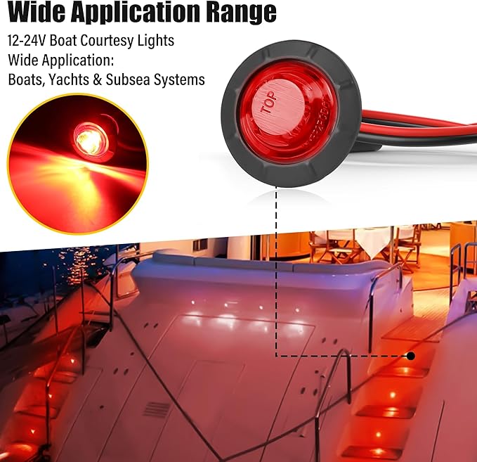 ALFU 10PCS Red 3/4" 12V LED Boat Interior Lights Marine Navigation Lights Clearance Marker Lights Round Bullet Side Indicator Lamps for Truck, Trailer, RV, Van, Boat, Bus, Caravan