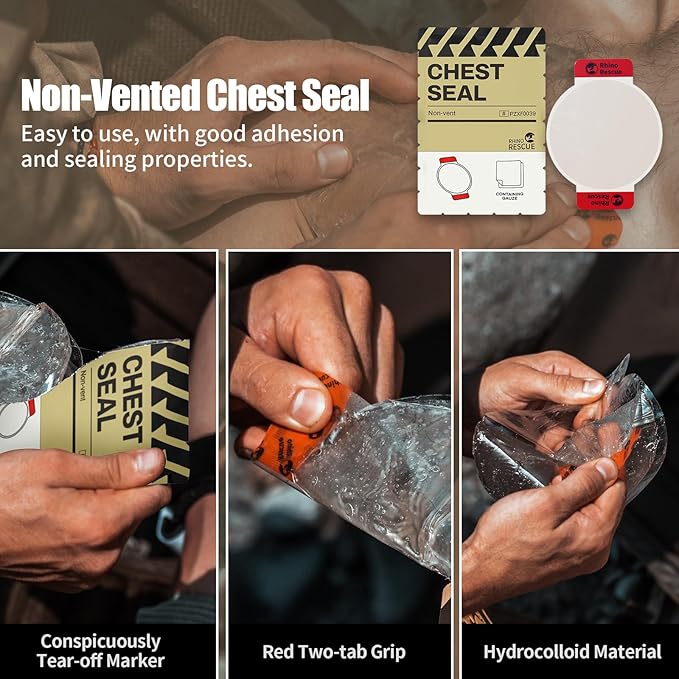RHINO RESCUE Chest Seal Non-Vented, Sterile Emergency Trauma Dressing, Occlusive Adhesive Pad, IFAK Refill & Medical First Aid Supplies for Wound Care, Gunshot Wound, Sucking Chest (2 Count)