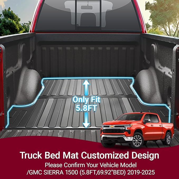 Vagbstu Truck Bed Mat Compatible with 2019-2024 2025 Chevy Silverado/GMC Sierra 1500 Accessories 5'8'' Vehicle Bed,Truck Bed Liner Perfectly Flush All Weather Protection TPE Pickup Cargo Mat