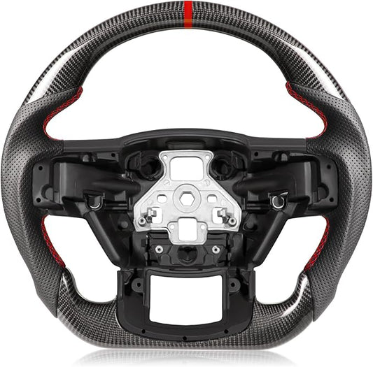 Carbon Fiber Steering Wheel for Ford F-150 2015–2020, D-Shaped Flat-Bottom, Perforated Nappa Leather Grip, Hand-Stitched, for F-150 Without Paddle Shifters Models