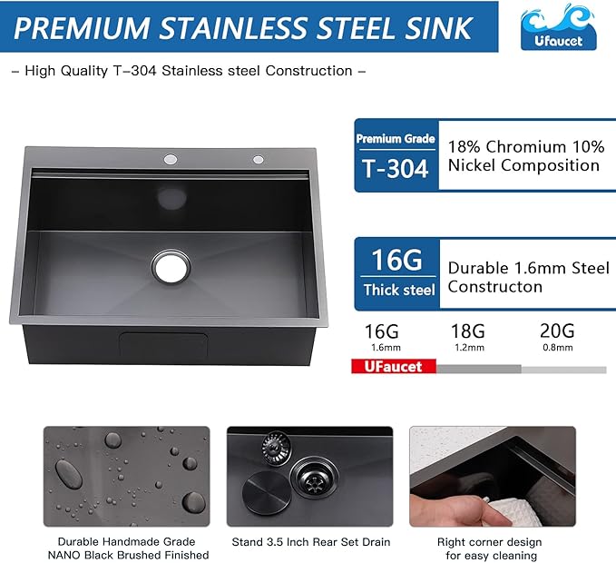 33x22 Drop In Kitchen Sink Black, 33 Inch Gunmetal Black Workstation Stainless Steel 16 Gauge Topmount Single Bowl 9 Deep Sink With Integrated Accessories & Features