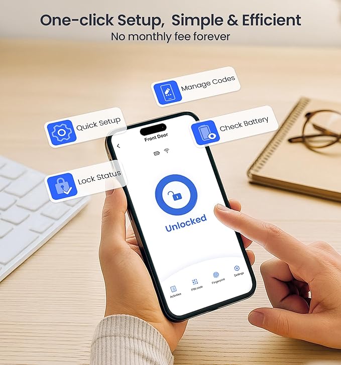 Veise VE012W Built-in WiFi Fingerprint Smart Lock, App Remote Control, No Hub Needed, Keyless Entry, Front Door Smart Deadbolt, Digital Keypad, Auto Lock, IP55 Waterproof, BHMA Grade 3, Satin Nickel