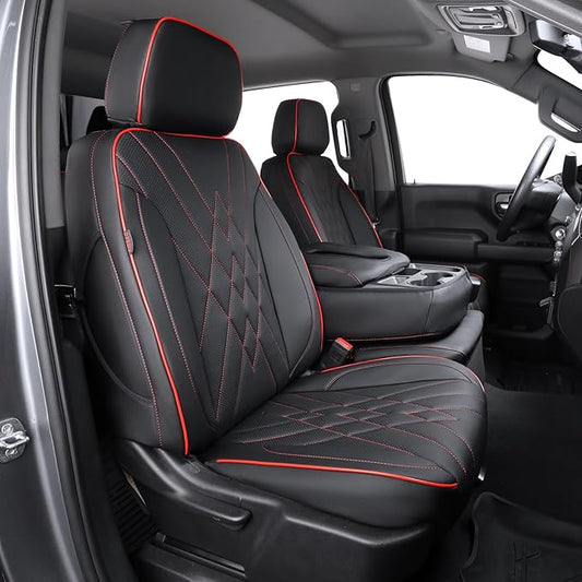 EKR Silverado Seat Covers Custom Fit for 2014-2018 Chevrolet Silverado 1500/ HD/LD RegularCab/DoubleCab/CrewCab 1st Row Only,Faux Leather (Black with Red Trim)