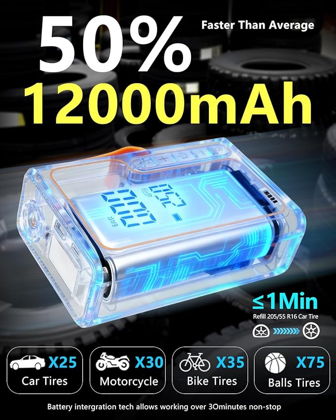 Cordless Tire Inflator and Battery Jumper Portable Air Compressor for Bike Handheld Bicycle Air Pump for Car Tires with Gauge Inflador De llantas Para Carro