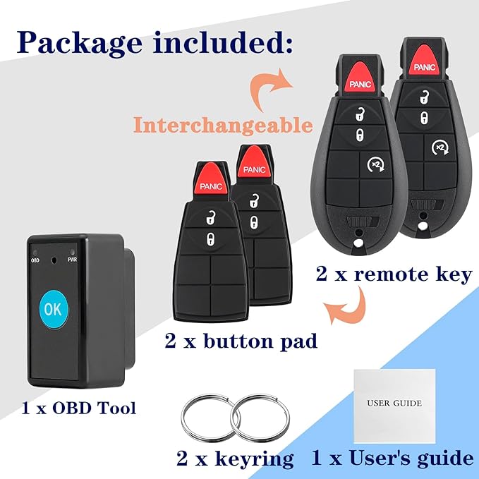 GQ4-53T DIY Key Fob Replacement with OBD Tool for Dodge Ram 1500 2013 2014 2015 2016 2017 Ram 3500 Truck Keyless Entry Remote with Interchangeable 3 and 4 Button Key Pads