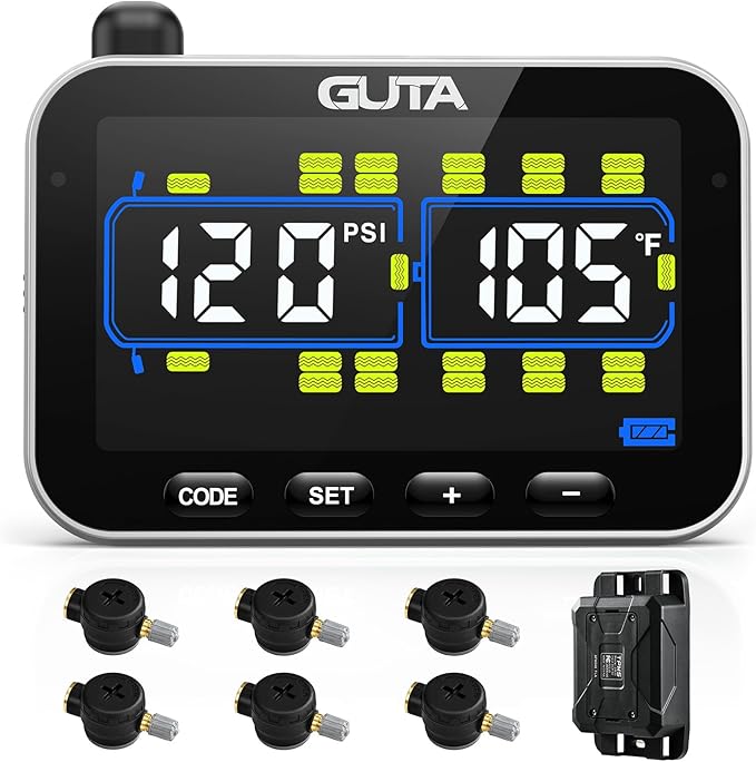 GUTA Tire Pressure Monitoring System, RV Trailer TPMS with 6 Flow Thru Sensors & Color LCD Display, 6 Alert Modes, Signal Booster, Long-Distance Sensing, for Trailer, Trucks, Motor Home (0-188 PSI)